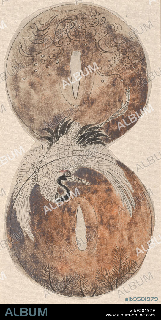 Crane Design for Sword-Guard, first half 19th century, Yamamoto Baiitsu, Japanese, 1783 - 1856, 7 1/4 × 3 3/4 in. (18.42 × 9.53 cm)10 × 5 15/16 in. (25.4 × 15.08 cm) (mount, paper mount)10 1/2 × 7 in. (26.67 × 17.78 cm) (mount, cardboard frame/mount), Ink and colors on paper, Japan, 19th century.