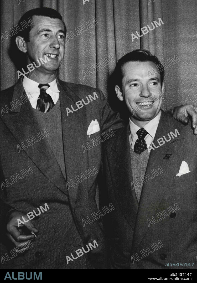 As "The Helping Hand" on Strike It Rich quiz over 2UE/SM last night Chips Rafferty, popular Australian film star, won £60/0/C on behalf of absent contestant, Mrs. Pearl Gillespie of Uranquinty, N..W. Asst.compere of the showy Charles Tingwell (in picture) will co-star with Chips in an Australian film/which he will commence shooting this month. Locale will be ***** Island. July 06, 1953. (Photo by Owen J. Stevens).
