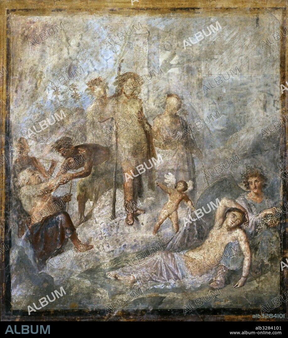 Pintura mural romana con la representación: Dioniso con su cortejo formado por Ménades, sátiros y el anciano Sileno, descubre a Ariadna dormida. Procedente de la Casa de los capiteles de color o de Ariadna (VII, 4, 51-31), Pompeya. Museo Arqueológico Nacional. Nápoles. Italia.