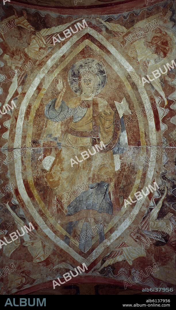 ANÓNIMO. EL PANTOCRATOR SOSTENIDO POR CUATRO ANGELES - PINTURA MURAL DE LA ERMITA DE LA VERA CRUZ DE MADERUELO - SIGLO XII - ROMANICO ESPAÑOL.