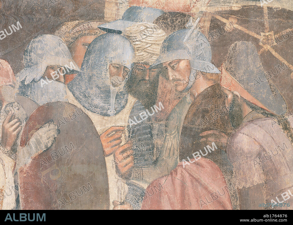 Last Supper and the Crucifixion, by Andrea di Cione known as Orcagna, 1365-1370 about, 14th Century,. Italy, Tuscany, Florence, Santo Spirito Museum, Romano Foundation. Detail. Wall fresco soldiers crowd men armor cuirass helmets turban shields.