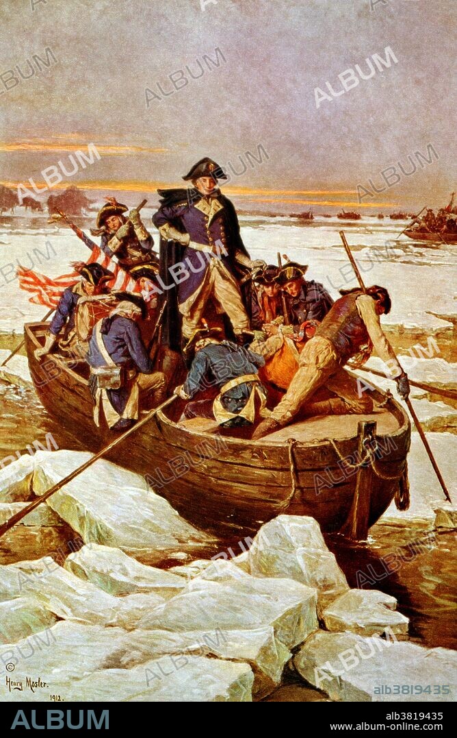 Entitled: "Washington crossing the Delaware River". George Washington's crossing of the Delaware River, which occurred on the night of December 25-26, 1776, during the American Revolutionary War, was the first move in a surprise attack organized by George Washington against the Hessian forces in Trenton, New Jersey on the morning of December 26. Planned in partial secrecy, Washington led a column of Continental Army troops across the icy Delaware River in a logistically challenging and dangerous operation. Other planned crossings in support of the operation were either called off or ineffective, but this did not prevent Washington from surprising and defeating the troops of Johann Rall quartered in Trenton. The army crossed the river back to Pennsylvania, this time laden with prisoners and military stores taken as a result of the battle.George Washington (February 22, 1732 - December 14, 1799) was the first President of the USA, from 1789-97, and dominant military and political leader 1775-99. He was one of the Founding Fathers and hailed as "father of his country" even during his lifetime. Reproduction of painting by Henry Mosler, 1912.