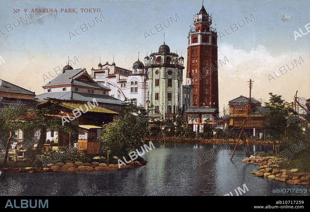 [ 1920s Japan - View on Asakusa, Tokyo ] Asakusa Park at Tokyo. In the background Ryounkaku () can be seen. It was Japans very first skyscraper, better known as Asakusa Junikai (, Asakusa Twelve Stories). Designed by Scottish engineer W. K. Burton, the tower was completed in 1890 (Meiji 23). It housed Japans first electric elevator. Ryounkaku was destroyed by the Great Kanto Earthquake (Kanto Daishinsai) of September 1, 1923 (Taisho 12). 20th century vintage postcard.