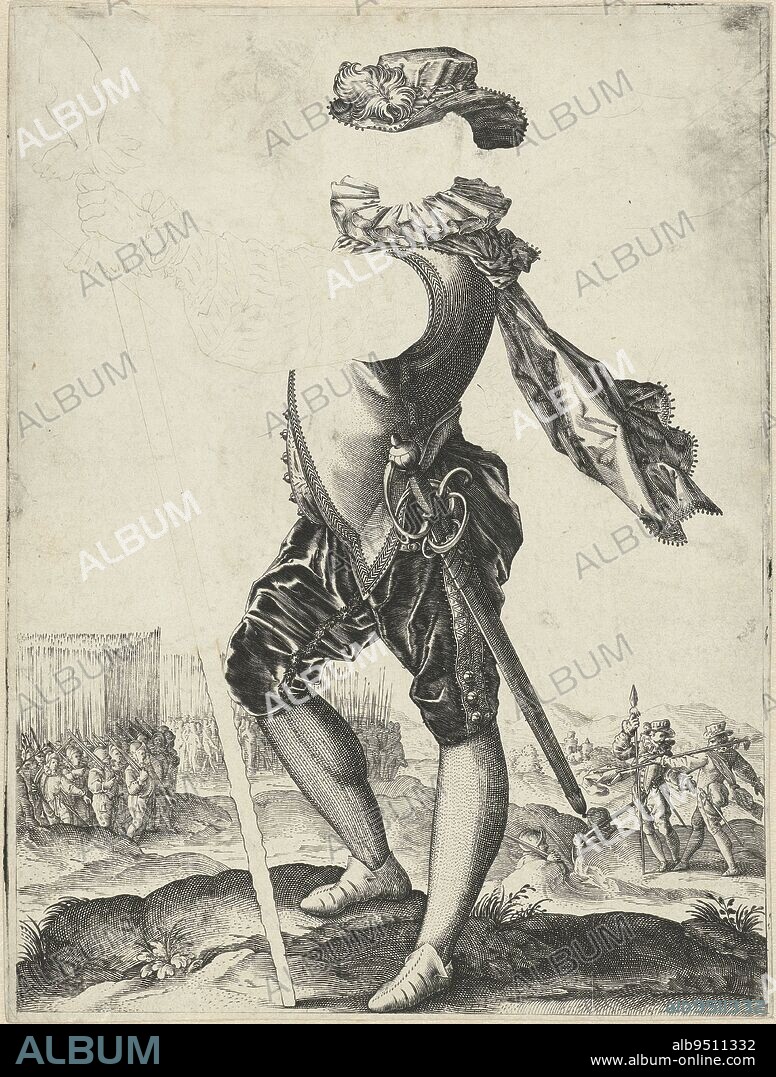 A man holding a stabbing weapon (partisan) in his right hand, full-length. In the background infantry troops. This print is a proof: arm, head and weapon are only indicated with contour lines and the background has not yet been fully filled in. This print is part of a series of three military officers, Officer in the army Three military officers (series title), print maker: Hendrick Goltzius, (workshop of), Hendrick Goltzius, Haarlem, 1585 - 1589, paper, engraving, h 206 mm × w 156 mm.