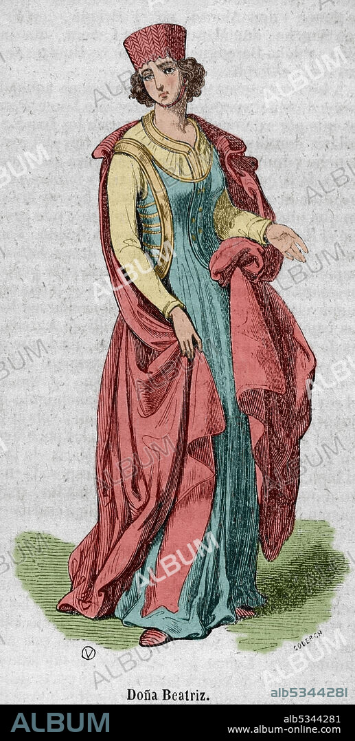 CODERCH. SPANISH ARTIST,19TH CENTURY. Beatriz de Suabia (bautizada como Isabel) (1205-1235). Noble alemana, reina consorte de Castilla y León entre 1220 y 1235 por su matrimonio con Fernando III de Castilla. Grabado por Coderch. Coloreado. Historia General de España por el Padre Mariana. Madrid, 1852.