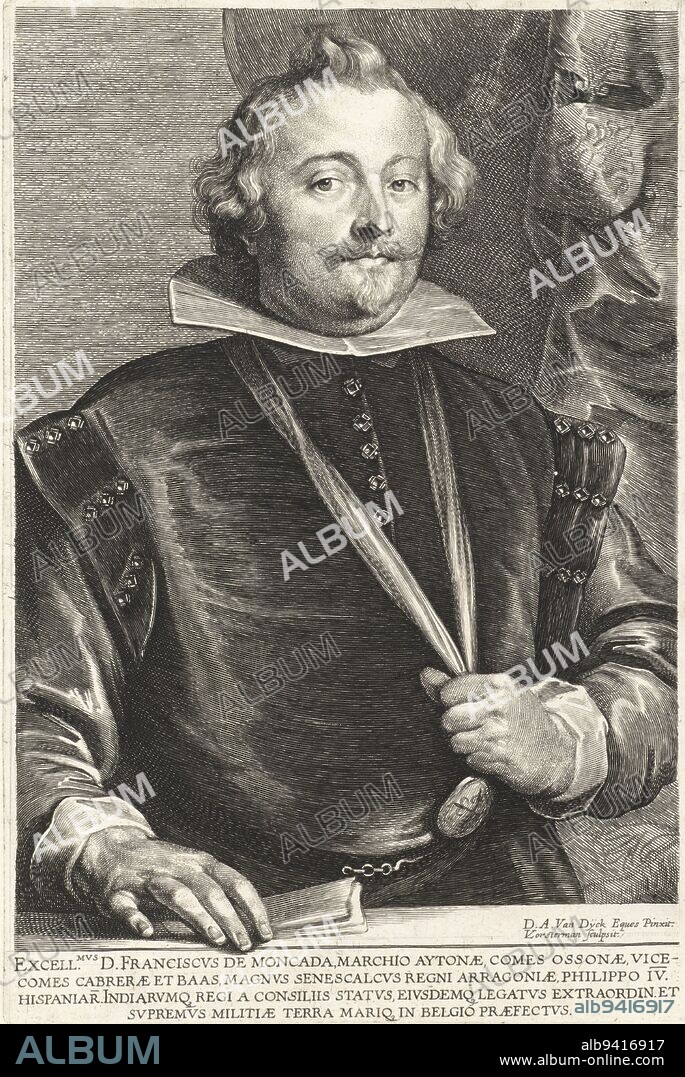 Portrait of the Spanish general and diplomat Francisco de Moncada, Marquis of Aytona, Portrait of Francisco de Moncada, Marquis of Aytona Iconography (series title), print maker: Lucas Vorsterman (I), after: Anthony van Dyck, Antwerp, 1630 - 1646, paper, engraving, h 265 mm × w 180 mm.