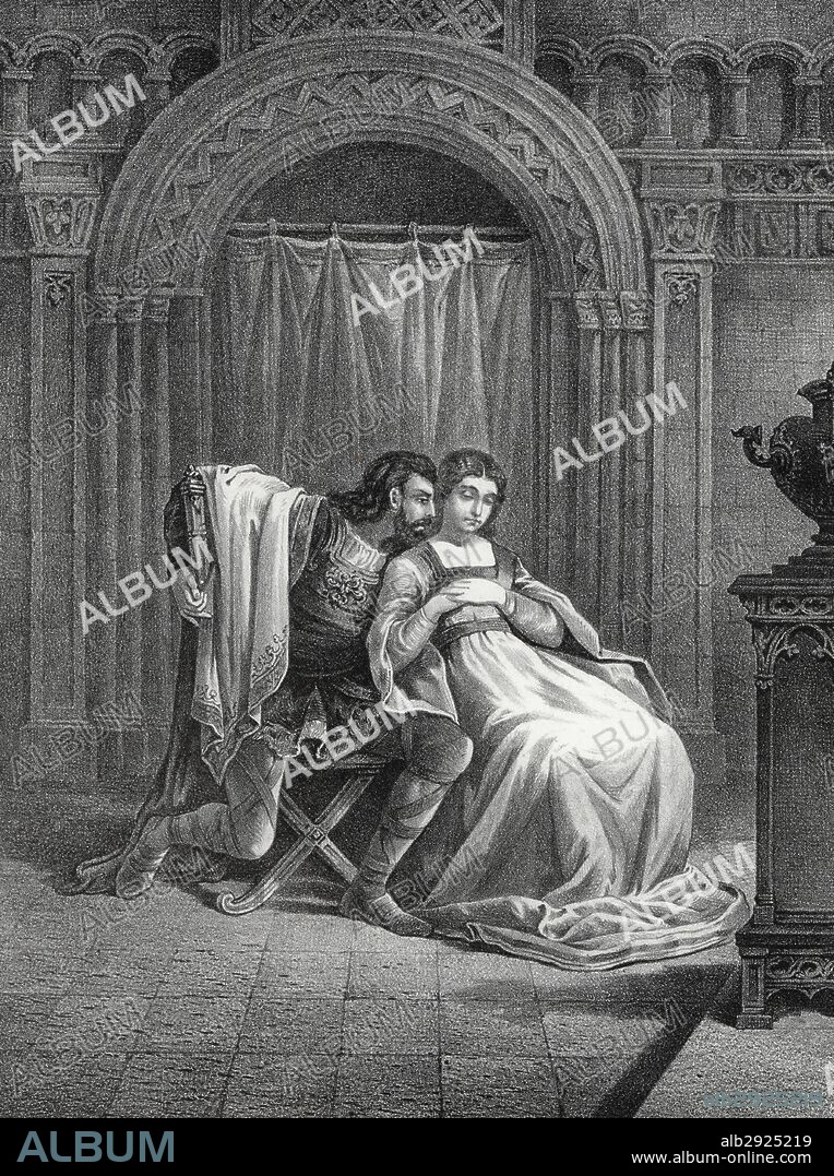 Historia. El rey Don Rodrigo (?-711), rey visigodo, y la Cava Florinda, hija del conde Julián, doncella seducida por el rey. Grabado de 1871.