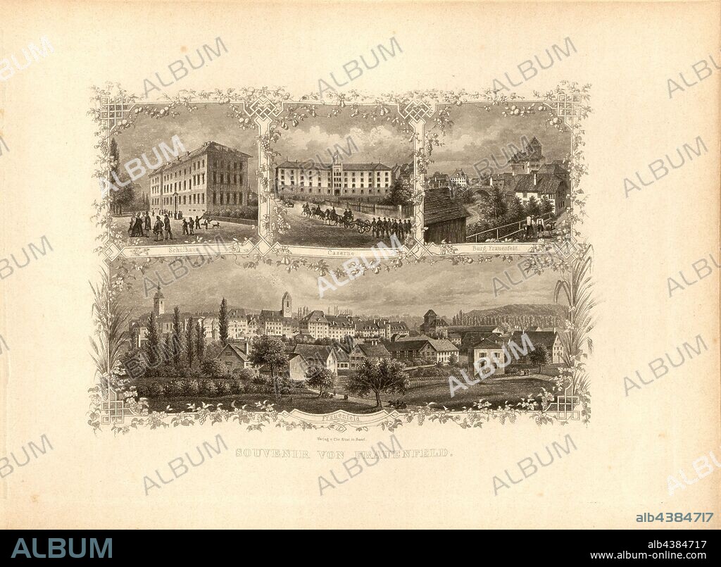 Souvenir from Frauenfeld, Schoolhouse, barracks, castle and old town of Frauenfeld, Taf. 28, p. 61, 1870, Ludwig Rohbock: Album der Nord- und Ostschweiz: 100 Stahlstiche aus den Cantonen Basel, Solothurn, Aargau, Zürich, Schaffhausen, Thurgau, St. Gallen, Appenzell, Glarus und Graubünden. Basel: Verlag von Chr. Krüsi, [ca. 1870].