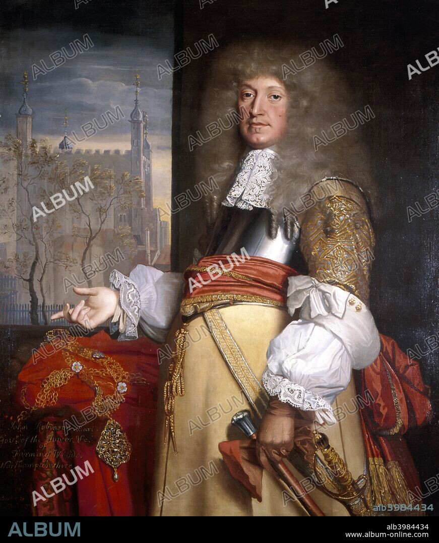 Sir John Robinson, Lord Mayor 1662 standing at a window with a view of the Tower of London.