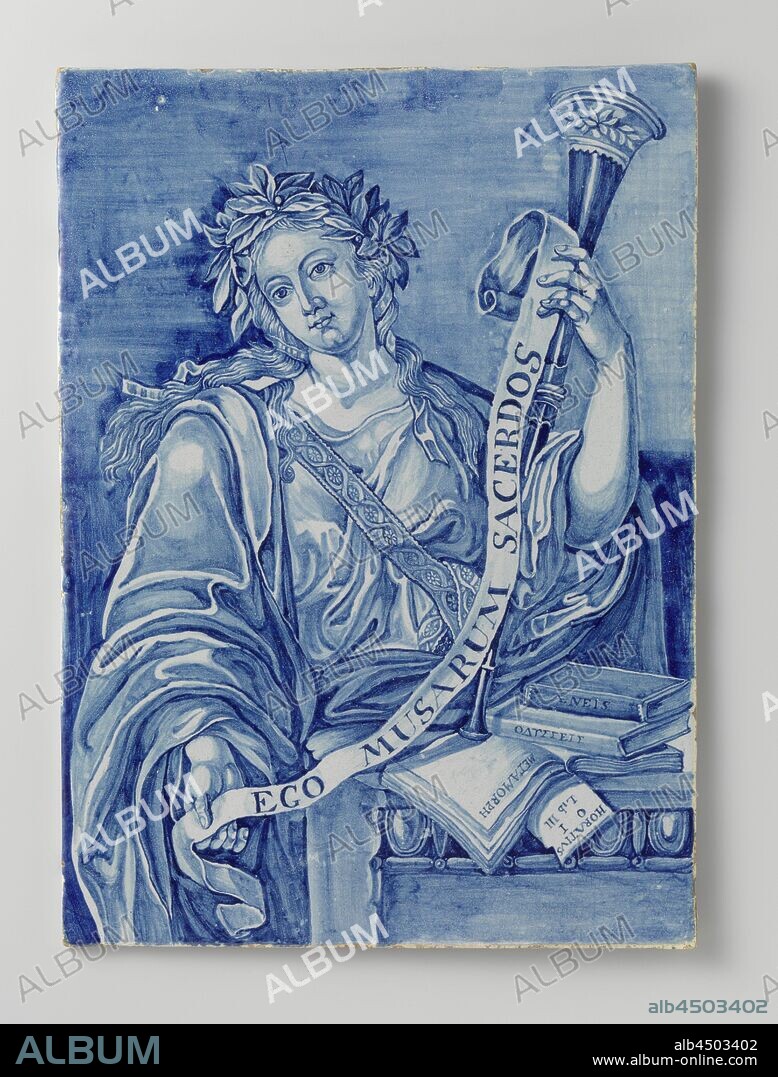 Plaque with Calliope, the Muse of Epic Poety Plate with Kalliope, the muse of the epic Calliope, muse of the heroic epic, Plate of faience. The muse Kalliope shows a banderole with the text: Ego Musarum Sacerdos. In front of her are writings: the Metamorphoses, Aeneis, the Odyssey and Horace. In her hand she holds her trumpet attribute. On her head a laurel wreath, Calliope (one of the Muses), 'Calliope' (Ripa), anonymous, Delft, c. 1750 - c. 1780, h 39.5 cm × w 28.5 cm.
