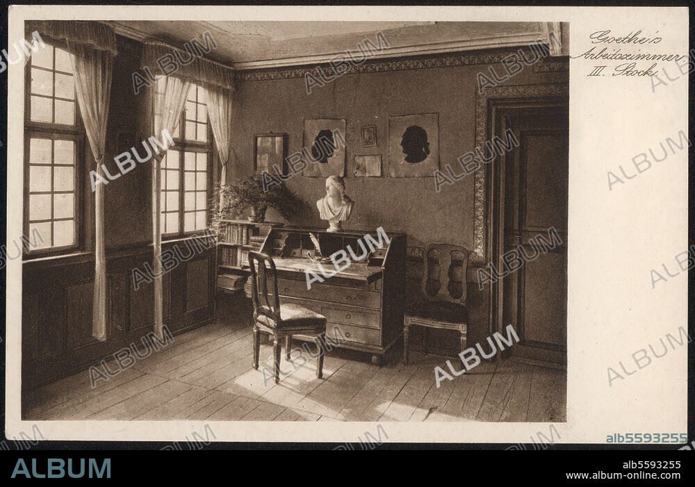 zu: Goethe, Johann Wolfgang von. 1749-1832. Goethehaus in Frankfurt am Main. Innenansicht: Goethes Arbeitszimmer im. 3. Stock. Foto, um 1910.