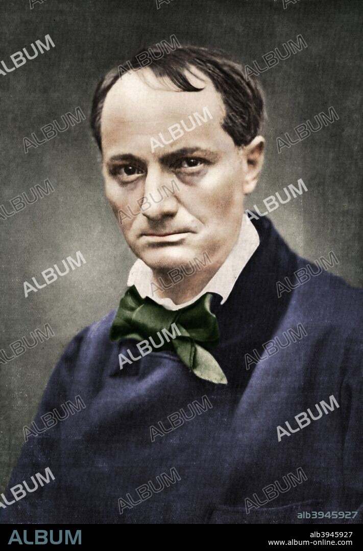 Charles Baudelaire, influential French poet, critic and translator, mid-19th century. Portrait of Baudelaire (1821-1867), author of Les fleurs du mal. (Colorised black and white print).