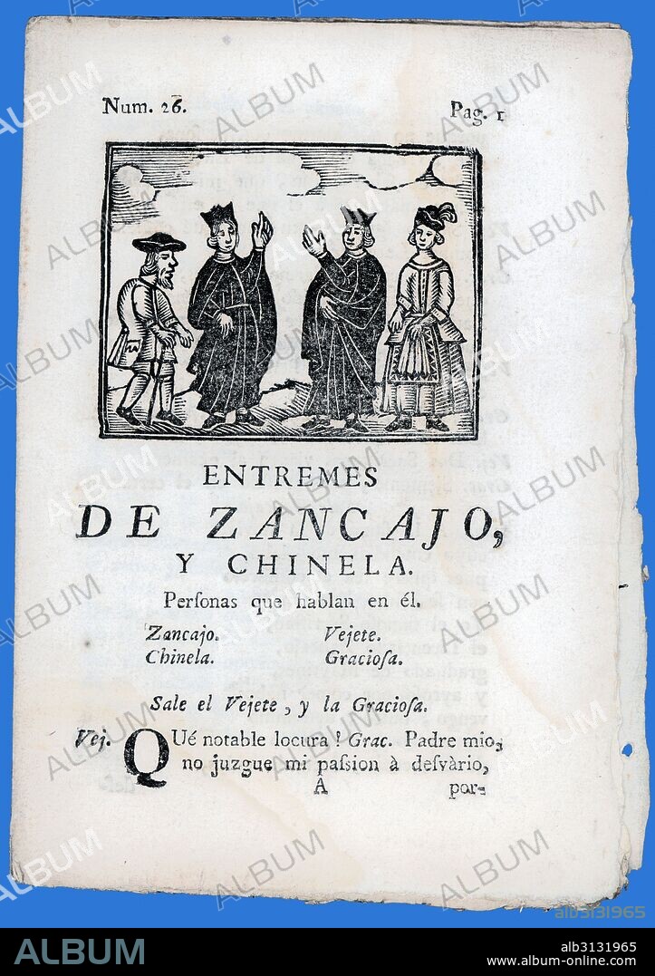 Literatura de cordel. Entremés de Zancajo y Chinela. Teatro cómico del siglo de oro español. Literatura popular. Editado en Barcelona, año 1779.