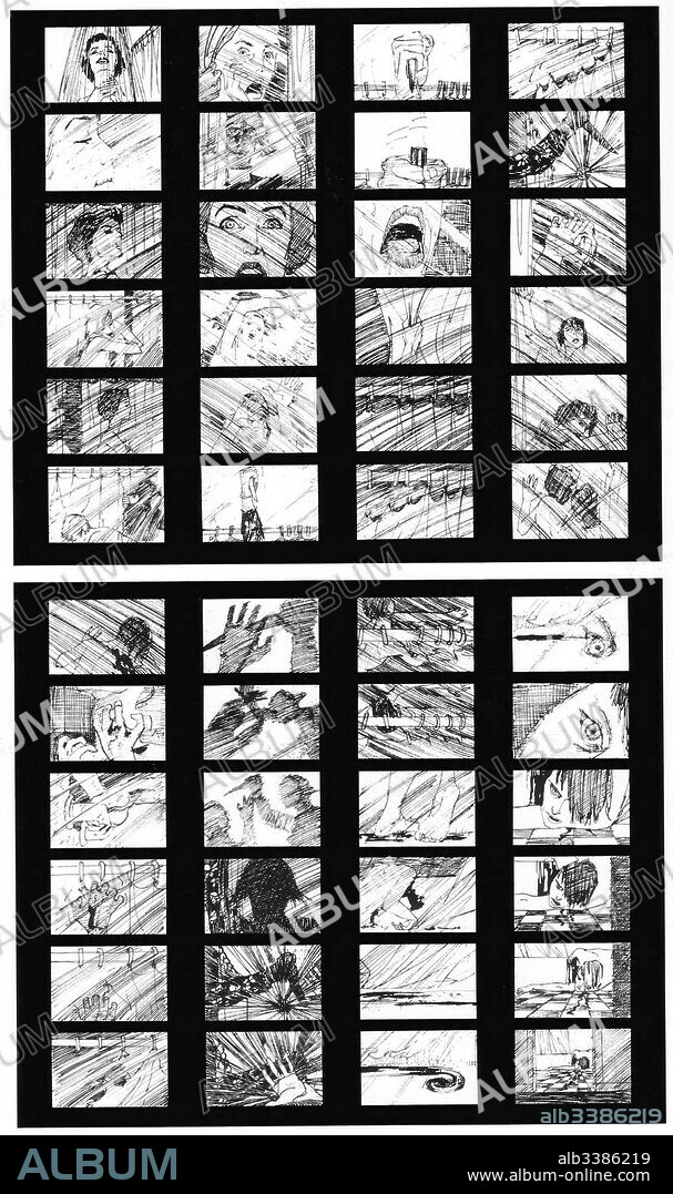 PSYCHO, 1960, directed by ALFRED HITCHCOCK. Copyright SHAMLEY PRODUCTIONS. Frames from the shower sequence storyboard by Saul Bass.