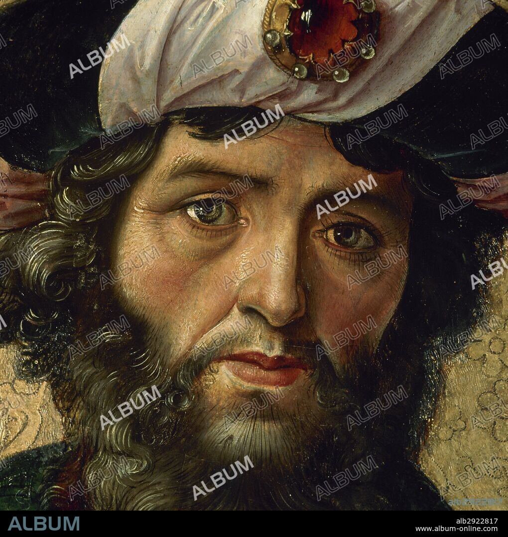 REY DAVID (m. Belén,970 a. C.). Segundo rey de los hebreos (1008-970 a. C.). Aseguró la libertad de su pueblo venciendo a los filisteos. "REY DAVID" (detalle). Oleo sobre tabla de 1490 obra de Pedro DE BERRUGUETE, perteneciente a la predela del retablo mayor del Museo Parroquial de Santa Eulalia. Paredes de Nava. Provincia de Palencia. Castilla-León. España.