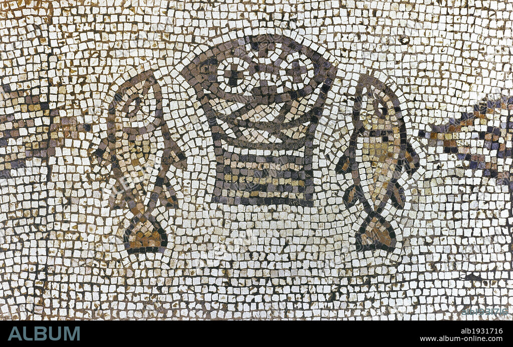 Church of the Multiplication. Mosaic detail depicting the Multiplication of the Loaves and Fishes (5th century). Tabgha, Galilee, Israel.