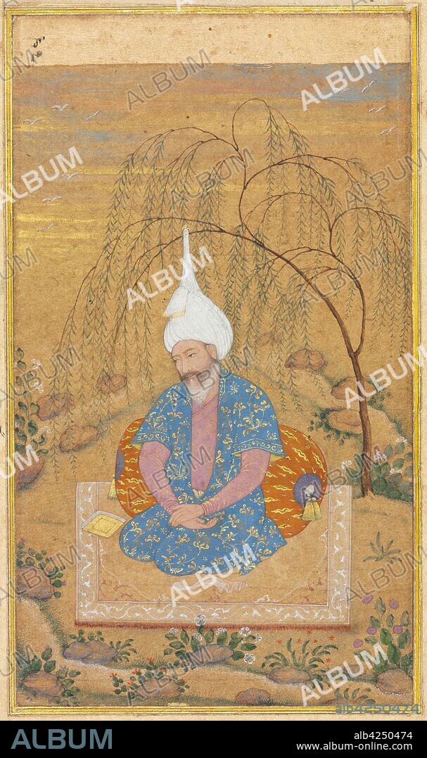 Shah Tahmasp I (1514-1576) Seated in a Landscape, c. 1575. Iran, Qazvin, Safavid period (1501-1722). Opaque watercolor and gold on paper; sheet: 30 x 21.1 cm (11 13/16 x 8 5/16 in.); image: 14.3 x 8.9 cm (5 5/8 x 3 1/2 in.).