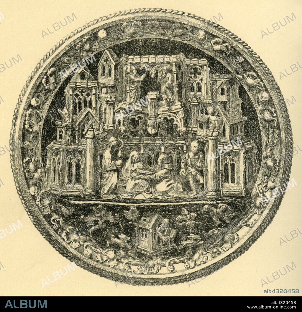JOHN WATKINS. 'Silver Gilt Morse', mid 15th century?, (1881). Etching of a morse (clasp for a  liturgical vestment), possibly made in Germany. The border is decorated with foliage and pearls, with an enamelled central scene depicting the Adoration of the Magi. From "The South Kensington Museum", a book of engraved illustrations, with descriptions, of the works of art in the collection of the Victoria & Albert Museum in London (formerly known as the South Kensington Museum). [Sampson Low, Marston, Searle and Rivington, London, 1881].