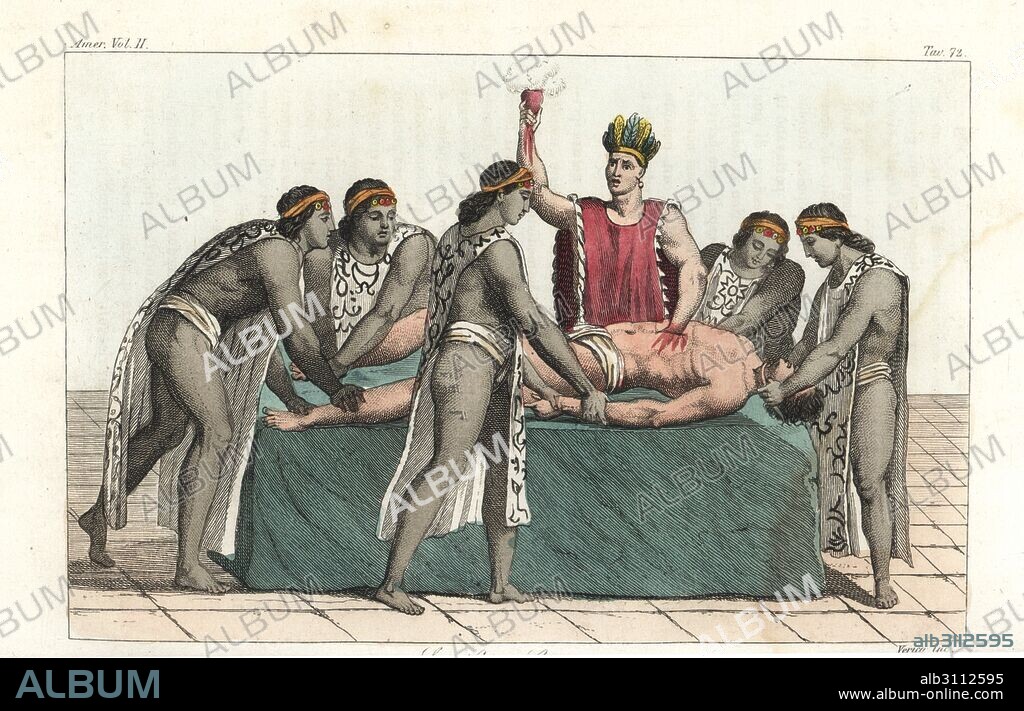 An Aztec priest removes a man's heart in a ritual with an obsidian knife on a sacrificial stone and offers it to the god Huitzilopochtli. Several young acolytes hold down the victim. Handcoloured copperplate engraving by Verico from Giulio Ferrario's Ancient and Modern Costumes of all the Peoples of the World, Florence, Italy, 1843.