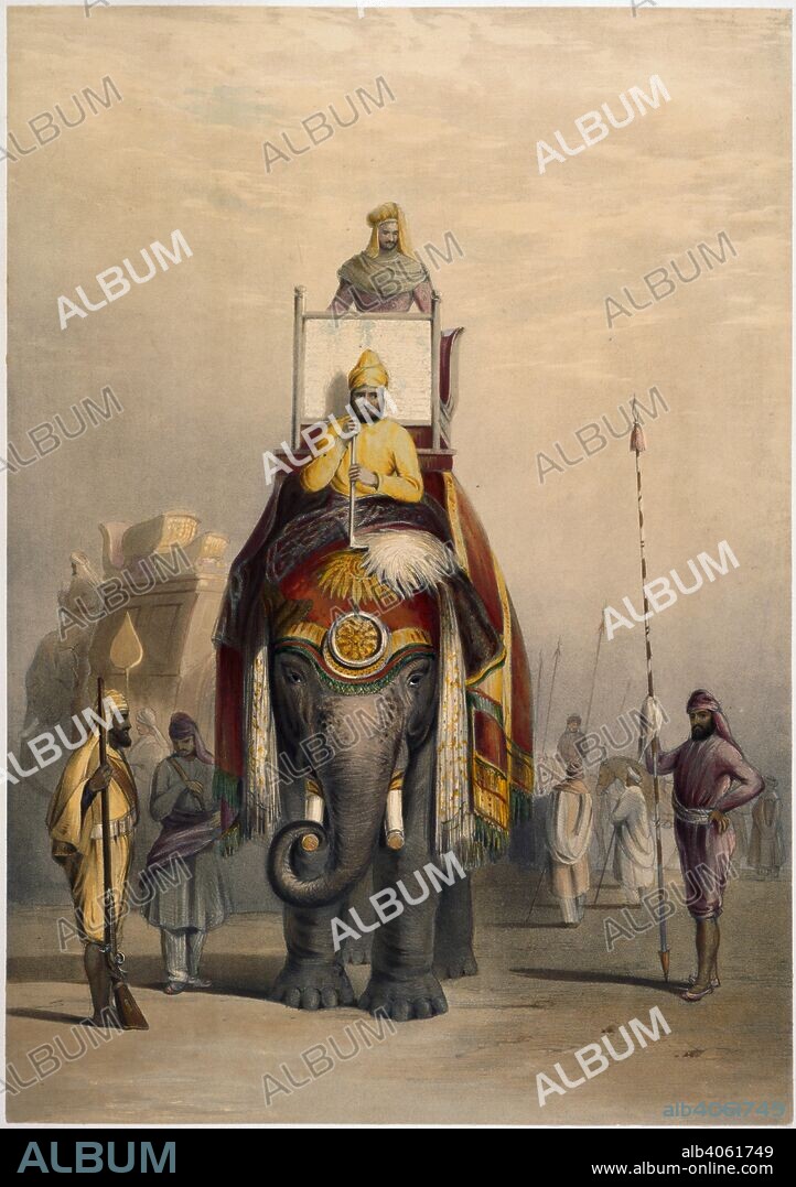EMILY EDEN, EDEN. EMILY and LOWES CATO DICKINSON. The rajah of Putteealla. Portraits Of The Princes & People Of India. London, J. Dickinson & Son, 1844. Maharaja Karm Singh of Patiala (ruled from 1813 to 1845) with guards and escort, on his state elephant.  Image taken from Portraits Of The Princes & People Of India.  Originally published/produced in London, J. Dickinson & Son, 1844. . Source: X 546, plate 6. Language: English.