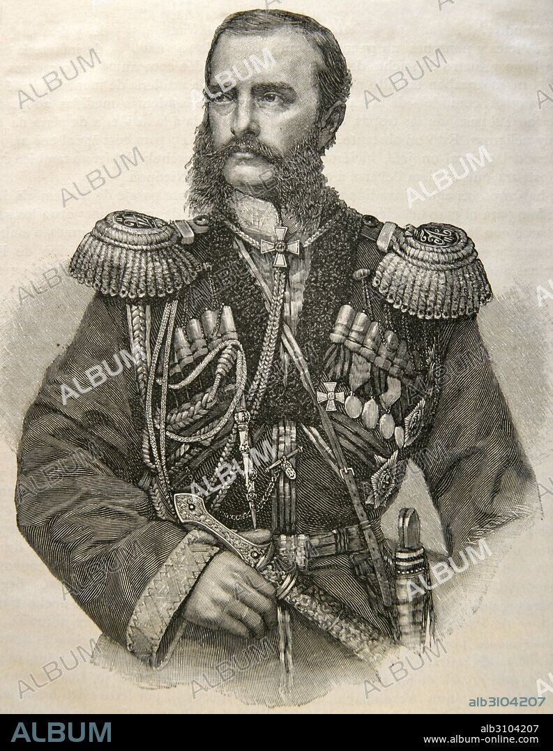 Gran duque Miguel Nikoláyevich de Rusia (1832-1909). Séptimo hijo y cuarto varón del zar Nicolás I de Rusia y su esposa Carlota de Prusia (Alejandra Fiódorovna). Retrato. Grabado. Historia Universal, 1885.