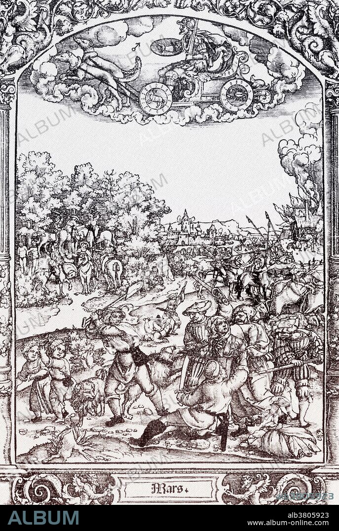 Mars (or Ares in Ancient Greece), Roman god of war, rides his chariot drawn by the dogs of war over a scene of armed conflict on the ground below. Also note the astronomical symbol for the planet Mars, which is the same symbol for the male sex, as well as the alchemical symbol for iron. Its shape is derived from Mars' sword and shield.