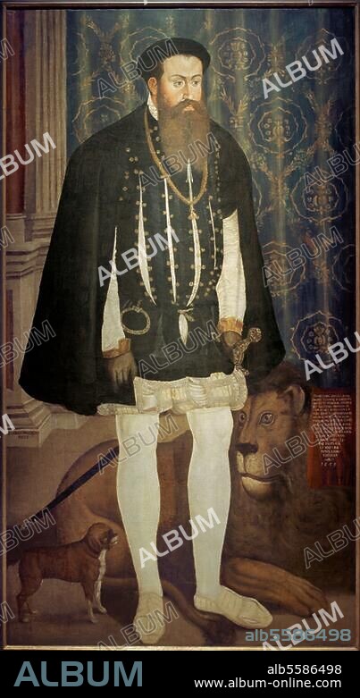 Albert V, duke of Bavaria (1550-79). Munich 29/2/1528 - Munich 24/10/1579. "Portrait of duke Albert V of Bavaria". Painting, 1555, by Hans Mielich (1516 -1573). Oil on canvas, 210 × 111cm. Permanent loan of Bavarische Staatsgemäldesammlungen, Nuremberg, German National Museum.