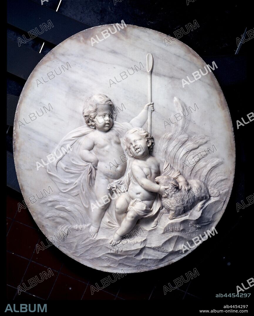 Two putti and a lamb, Oval marble relief with a standing and sitting putto as a shepherd and shepherdess, next to a lying lamb. The standing putto holds a shepherd's staff, the seated puts her arm around the lamb. The whole on a rocky ground and feather-shaped balconies in the background., Jan Baptist Xavery, The Hague, 1740, marble (rock), h 117 cm × w 103 cm.
