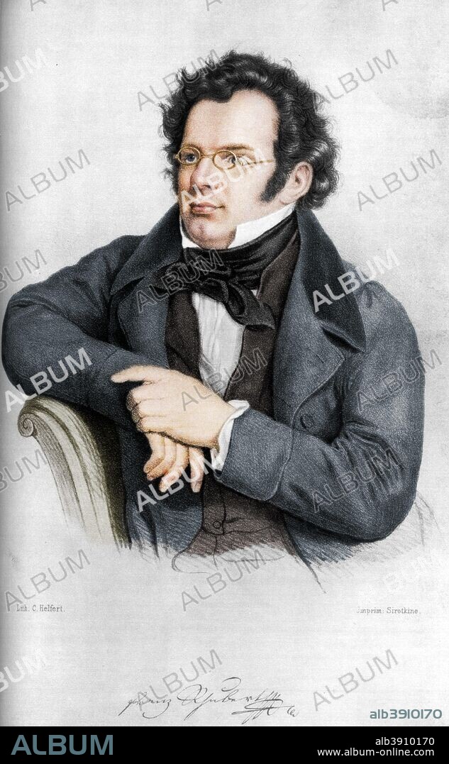 Franz Peter Schubert (1797-1828), Austrian composer. A print from Les Musiciens Celebres, Lucien Mazenod, Paris, 1948. (Colorised black and white print).