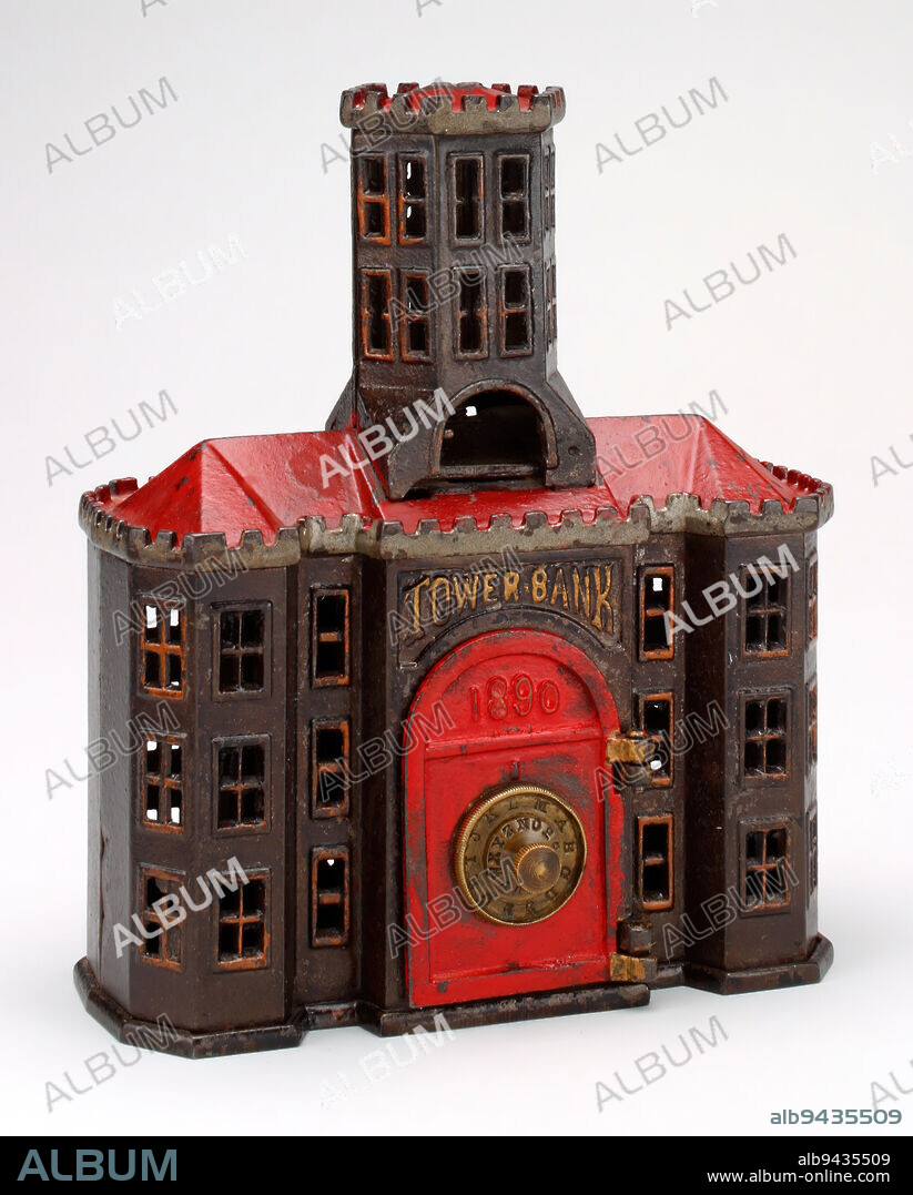 Tower Bank' safe still bank, 1890-1898, Kyser & Rex Company, Philadelphia, c. 18791898, 6 7/8 x 5 7/8 x 2 1/2 in. (17.46 x 14.92 x 6.35 cm), Iron, pigment, 19th century.