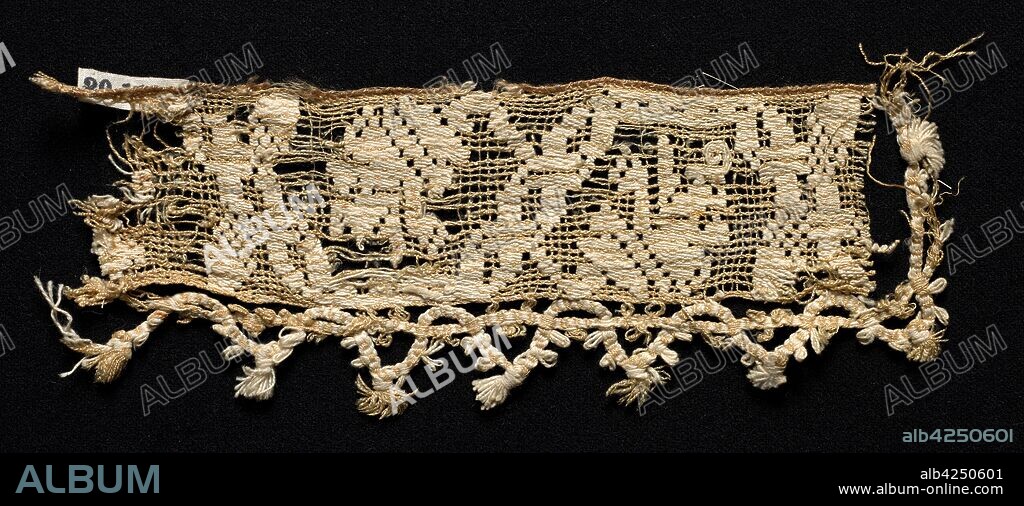 Fragment of a Border with Abstract Pattern, 16th century. Italy, Sicily, 16th century. Needle lace, burato (twined ground and darned in one direction) and bobbin lace edging; brown silk (est.), unbleached and bleached linen (est.), or cotton (est.); overall: 8 x 19.1 cm (3 1/8 x 7 1/2 in.).