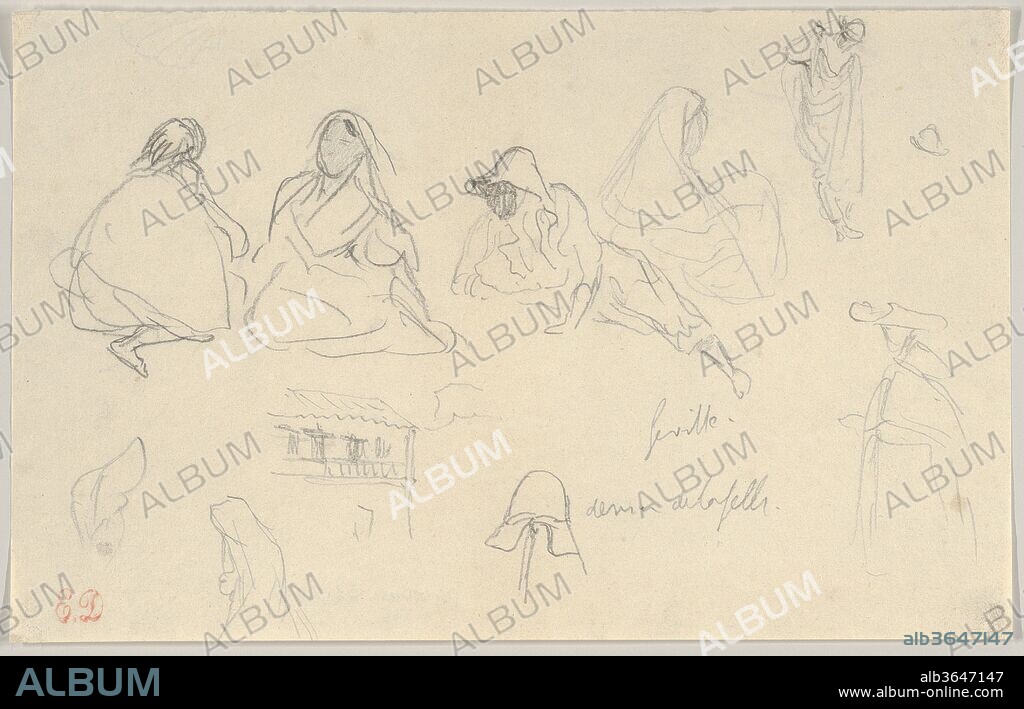 EUGENE DELACROIX. Sketches of Figures and a Tile-Roofed Building, Seville, Spain. Artist: Eugène Delacroix (French, Charenton-Saint-Maurice 1798-1863 Paris). Dimensions: sheet: 5 x 7 15/16 in. (12.7 x 20.2 cm). Date: May 1832.