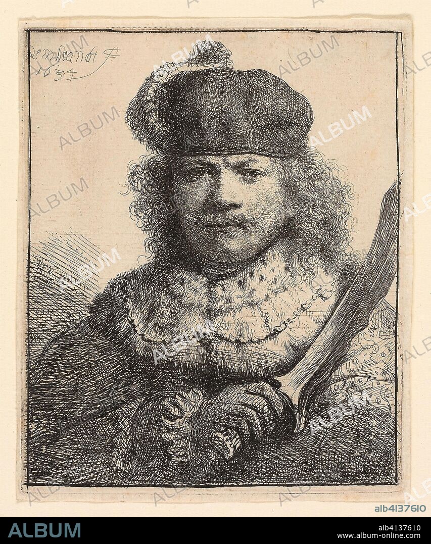 REMBRANDT HARMENSZOON VAN RIJN. Self-Portrait with Raised Sabre. Rembrandt van Rijn; Dutch, 1606-1669. Date: 1633-1634. Dimensions: 121 x 99 mm (image); 124 x 100 mm (plate); 128 x 105 mm (sheet). Etching on ivory laid paper. Origin: Holland.