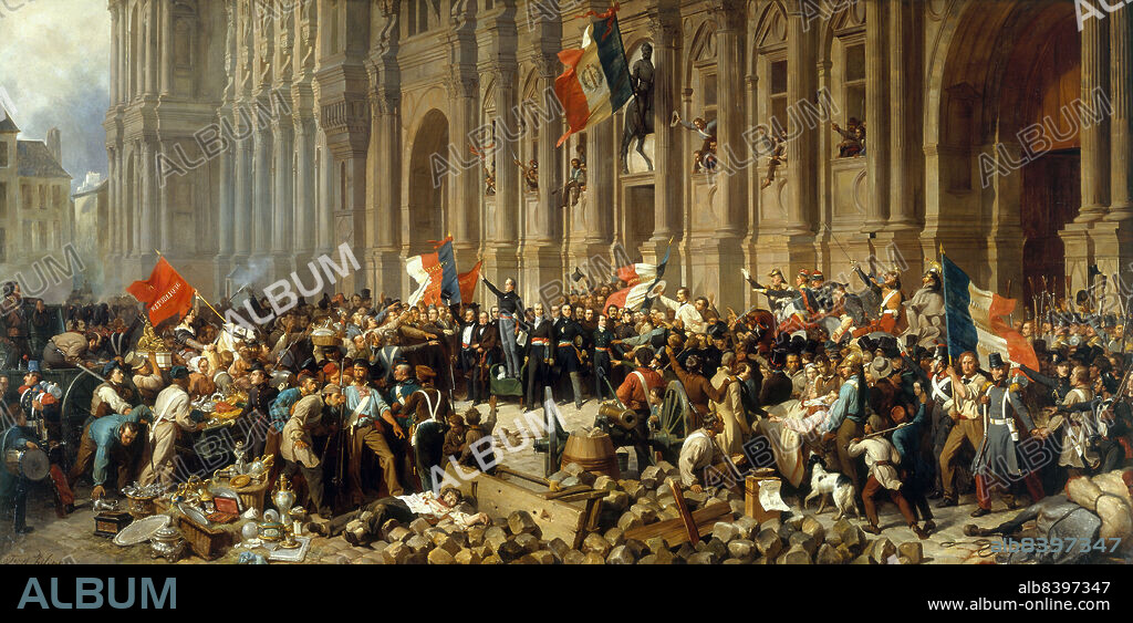 FELIX HENRI EMMANUEL PHILIPPOTEAUX. Lamartine refusant le drapeau rouge devant l'Hôtel de Ville, c.1848. Lamartine rejecting the red flag in front of the Hôtel de Ville. Revolution of 1848, Paris.