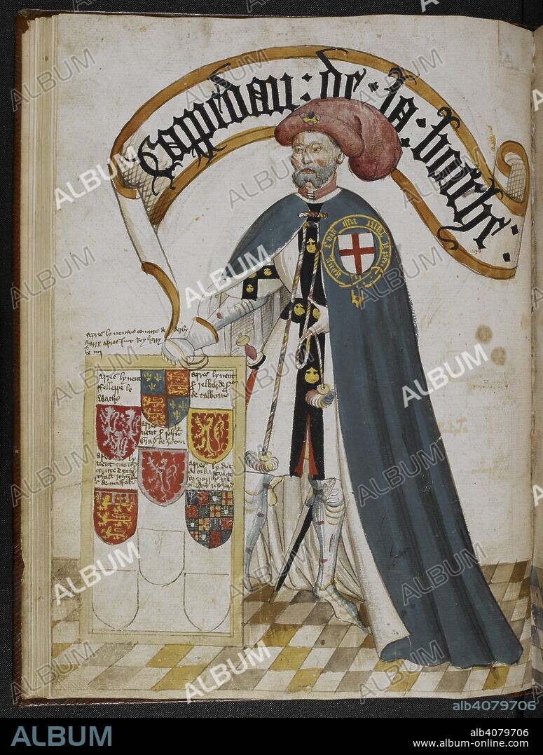 Sir John de Grailly, captal de Buch, a founder Knight of the Order of the Garter, wearing a blue Garter mantle over plate armour and surcoat displaying his arms. Pictorial book of arms of the Order of the Garter ('William Bruges's Garter Book'). England, S. E. (probably London); c. 1430- c. 1440 (before 1450). Source: Stowe 594 f.8v.