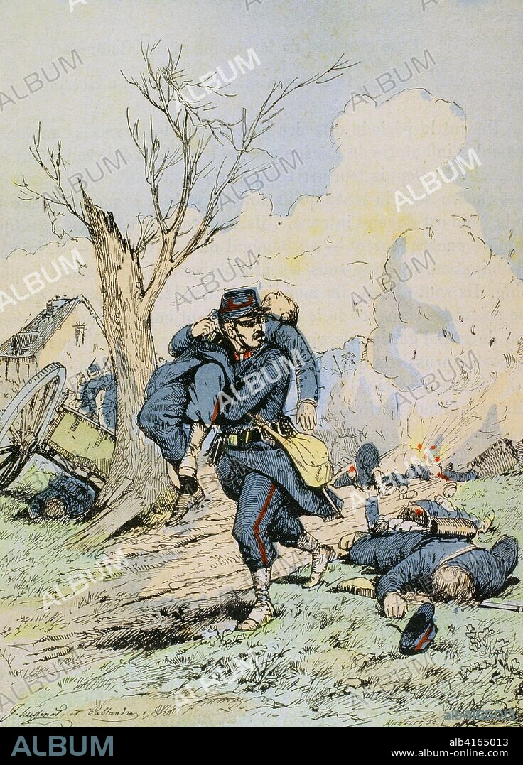 Colapso del Segundo Imperio Francés. Guerra Franco-Prusiana. El Sítio de París por las tropas de Prusia (19 de septiembre de 1870 al 28 de enero de 1871). Primera batalla de Bourget (28-30 de octubre de 1870). Soldado "marsouin" socorriendo a sus compañeros durante la batalla. Ilustración en color de la "Armeé Française, Nos Soldats" (Ejército Francés, Nuestros Soldados). Autor, Eugene Hennebert (1826-1896). París, h. 1890. Ilustración firmada por Hussenot y Pallandre. Biblioteca Histórico Militar de Barcelona, Cataluña, España.