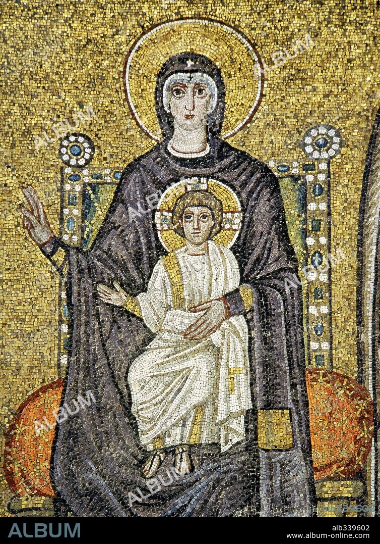 Mosaic of Madonna and child on throne in Saint Apollinare Nuovo 6th century AD Ravenna. San Apollinare Nuovo, Ravenna.