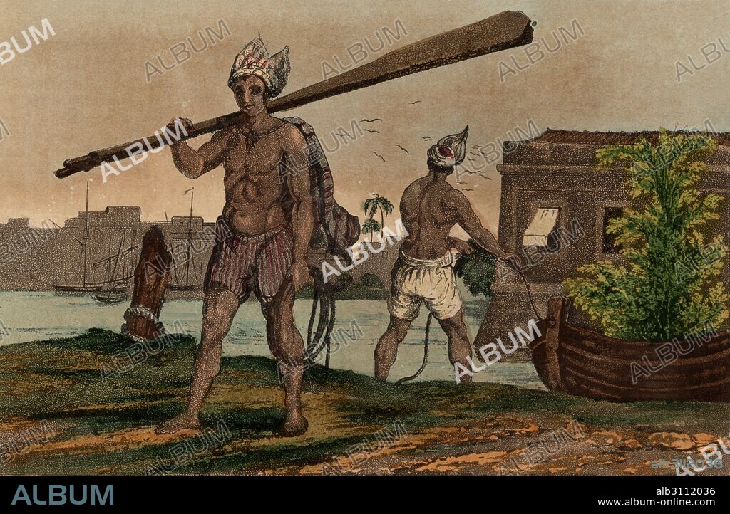 Etnografía. India. Individuos pertenecientes a la casta de los parias o intocables. Grabado coloreado de 1880.