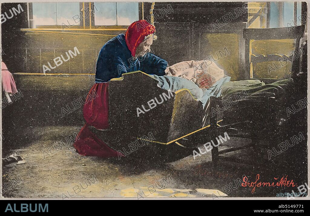 Oscar Hofmeister, Theodor Hofmeister, Knackstedt & Näther, grandmother. Land und Leute aus der Heide, Staatliche Landesbildstelle Hamburg, collection on the history of photography, cardboard, collotype print, hand-colored, Total: Height: 8,90 cm; Width: 13,90 cm, inscribed: recto: u. r. handwritten in red ink Grandmother, Land und Leute aus der Heide After art photographs by Th. & Osc. Hofmeister. Series 'Doppelton', travel photography, landscape photography, cradle, crib, baby, infant, interior, chair, national costume, regional costume, old woman, grandparents.