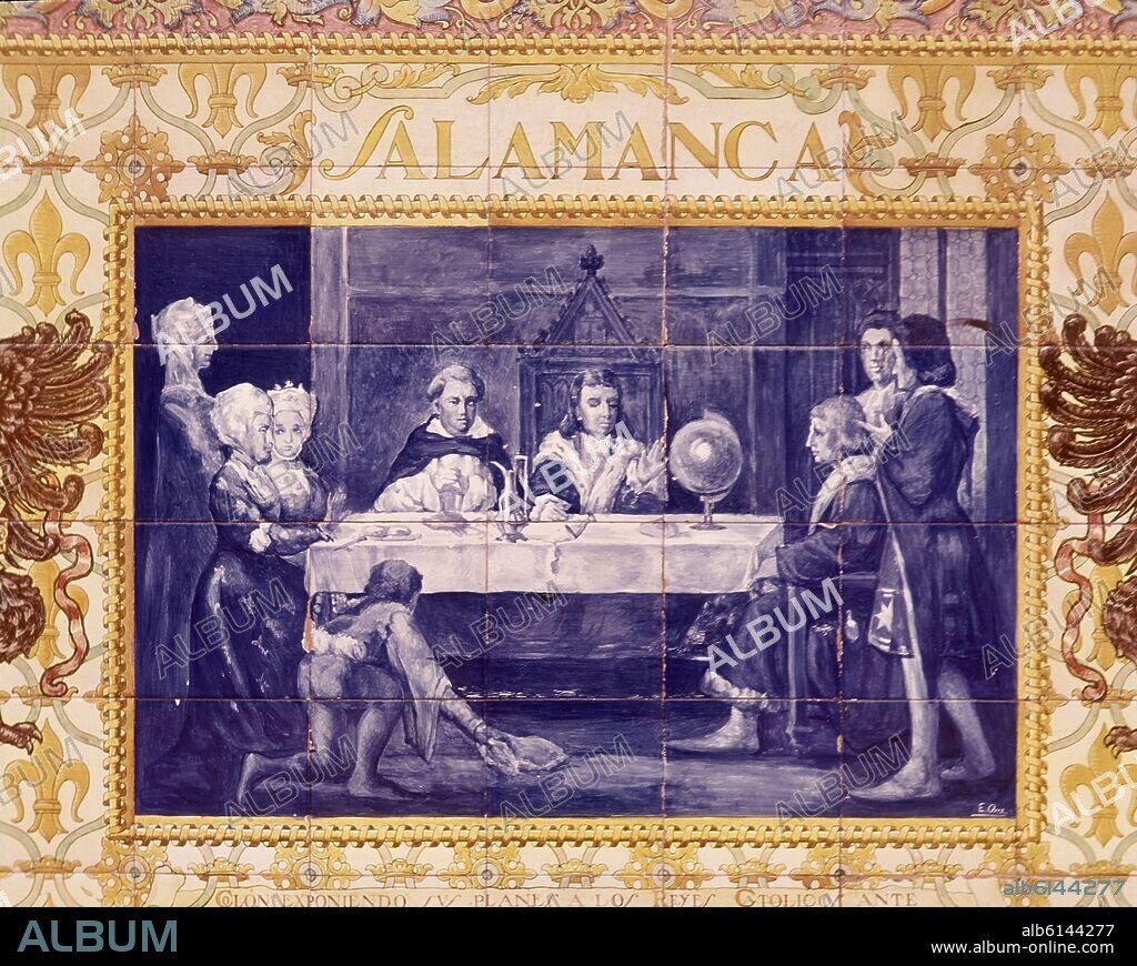 AUTOR LIBRE 01307. COLON EXPONE SUS PLANES A LOS REYES CATOLICOS ANTE EL PROFESOR DE PRIMA DE SALAMANCA - MOSAICO DE AZULEJOS DE LA PLAZA DE ESPAÑA DE SEVILLA.