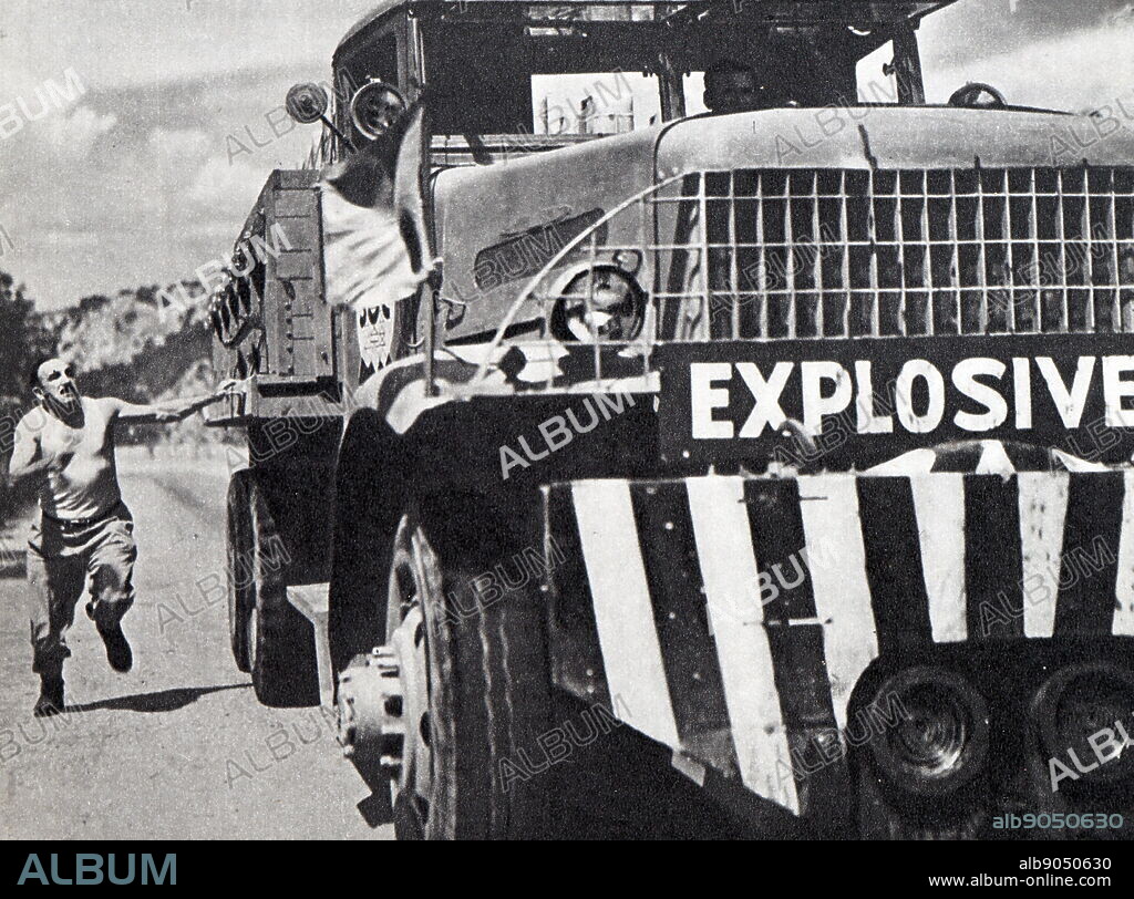 Film still from 'The Wages of Fear' starring Yves Montand, Charles Vanel, Vera Clouzot, and Peter van Eyck.