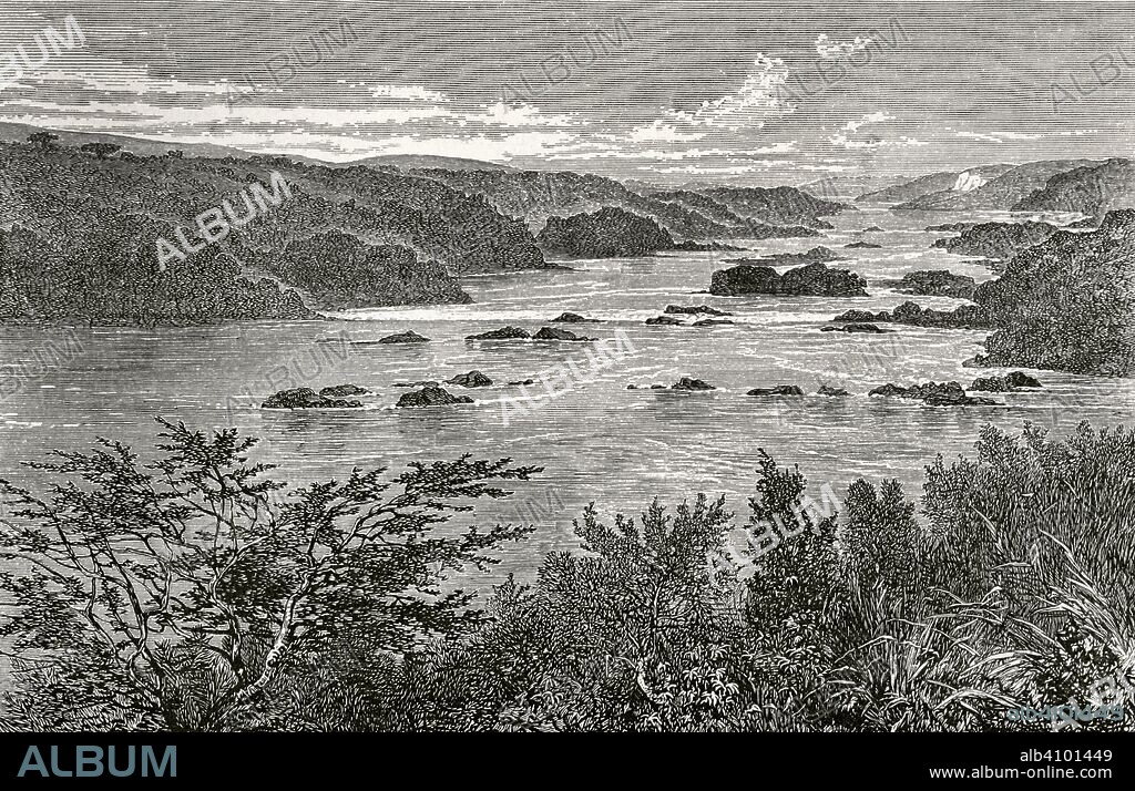 Africa Central. El Nilo Victoria al norte de las Cascadas Ripon, que se dirigen hacia Unyoro, visto desde el Lago Usoga. Grabado. Africa Inexplorada, El Continente Misterioso, por Henry Morton Stanley, h. 1887. Biblioteca Histórico Militar de Barcelona, Cataluña, España.