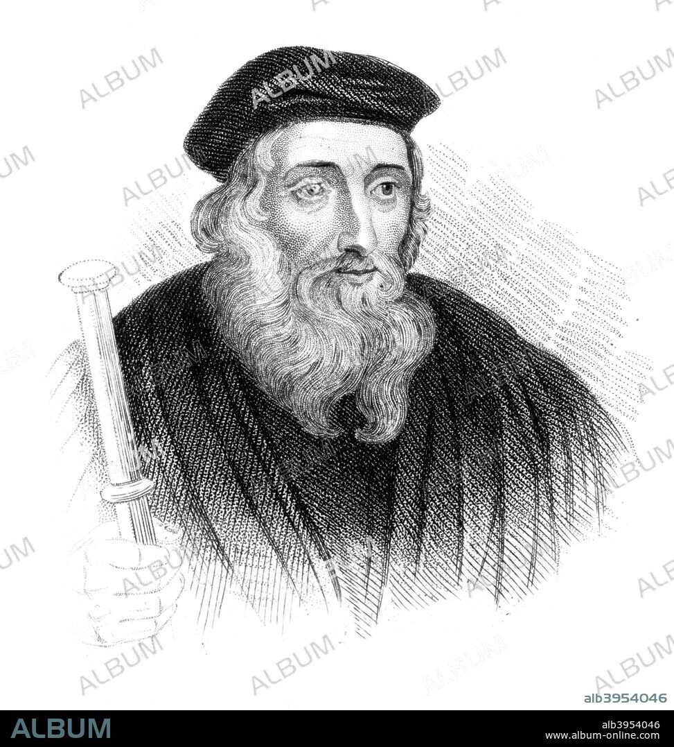 John Wycliffe, 14th century English theologian and religious reformer, (c1850). Wycliffe (c1329-1384) embarked on a translation of the Bible into English in order to bypass the established Church and make the word of God accesible to all literate people. A controversial opponent of the established Catholic Church who questioned the doctrine of transubstantiation, he was the leader of the religious movement known as the Lollards (Mumblers). Wycliffe was blamed by his ecclesiastical superiors for inciting the Peasant's Revolt of 1381, and many of his writings were banned. His works were an inspiration to the leaders of the Reformation, including Martin Luther. Taken from the book Old England's Worthies, London, c1850.