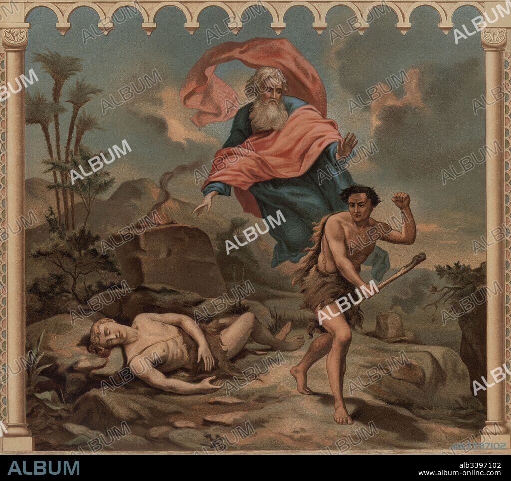 Historia Sagrada. Antiguo Testamento. Caín mata a su hermano Abel y es expulsado del Paraíso. Cromolitografía francesa del siglo XIX.