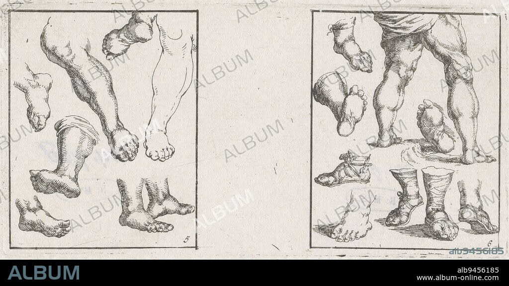 Sheet with two representations. Left: eight feet, two of which have leg to knee. Right: ten feet, two of which with full legs. Feet and legs Drawing examples Livre pour apprendre a dessiner , Stefano della Bella, print maker: anonymous, publisher: Frederik de Wit, Amsterdam, 1620 - 1664, paper, etching, h 74 mm × w 149 mm.