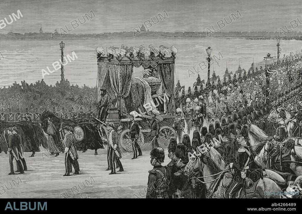 Alejandro II de Rusia (1818-1881). Zar del Imperio Ruso de 1855 hasta su asesinato en 1881. Rusia. San Petersburgo. Conducción de los restos mortales del emperador Alejandro II, desde el Palacio de Invierno al Panteón de la familia imperial, el 19 de marzo. Grabado por Tomás Carlos Capuz (1834-1899). La Ilustración Española y Americana,8 de abril de 1881.