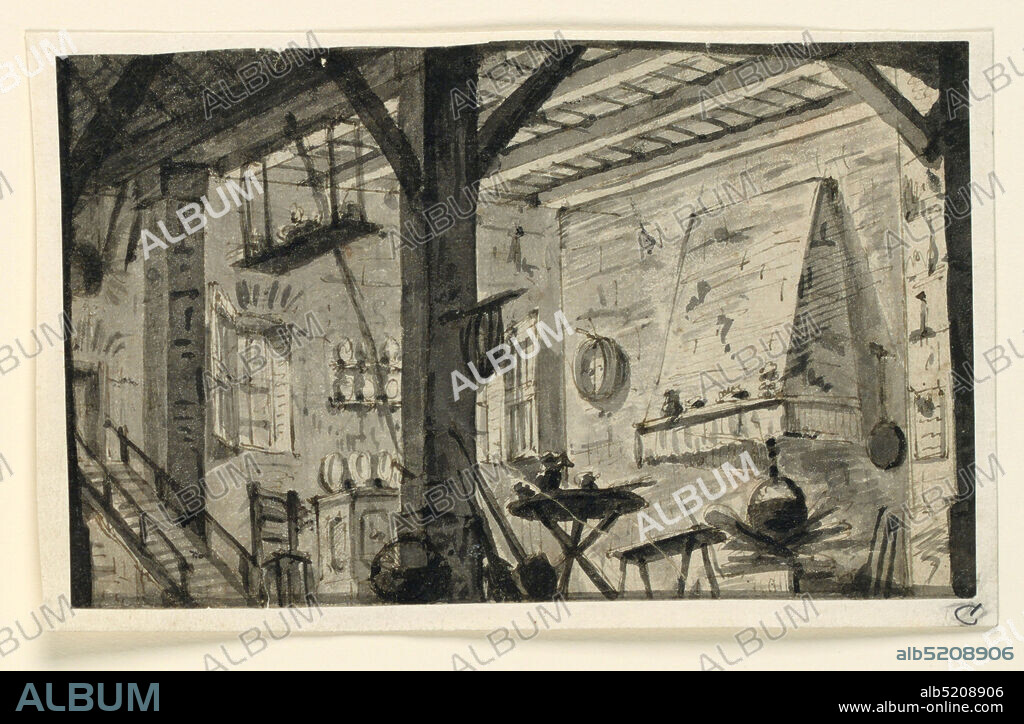 Stage Design, Kitchen, Angelo Toselli, ca. 1765? 1826, Pen and bistre ink, brush and gray watercolor on paper, Horizontal rectangle. View of kitchen interior equipped with various objects including dishes, table and chairs, pots and pans, brooms. At right is the hearth, at left a staircase leading upwards., Italy, 181530, theater, Drawing, Drawing.