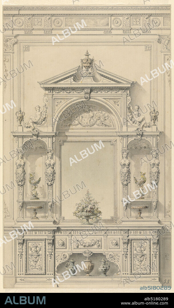 Design for Meuble de Vestibule, Graphite, color pencil, brush and watercolor on cream paper, Wall elevation for entrance hall in renaissance-revival style (although it is called 'genre Boulle' in published drawing, see bibliography). Lower portion consists of console decorated with panels with carved urns, masks and a garland. Two metal (?) ewers flank a metal (?) covered vase on lower opening. Central portion dominated by a large mirror with floral arrangement below, niches on either side decorated with caryatids on pilasters, cups in the mannerist style and tazzas below. Upper portion consists of open pediment with covered cup and a demi-lune carving with cartouche and date (1873), flanked by volute-figures reclining on garlands of fruit, a covered cup on base at each end. Cast shadows throughout., France, 187379, architecture, interiors, Drawing, Drawing.
