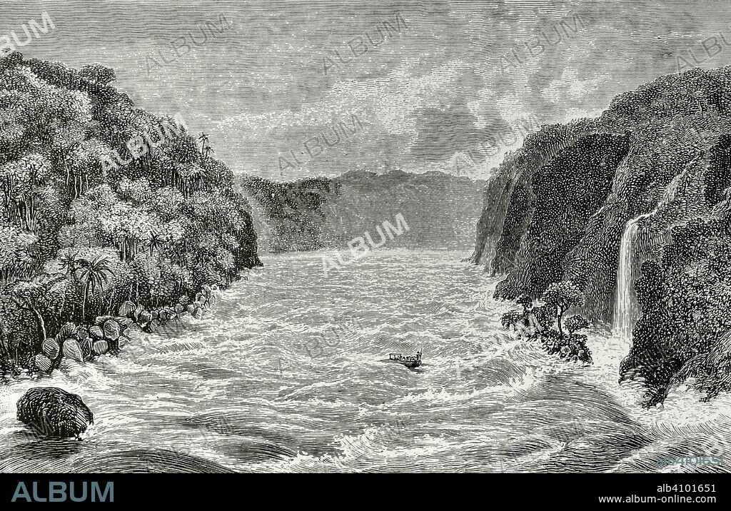 Africa Central. La canoa "Lady Alice" en medio de las cascadas, aguas abajo de la bahía de Gamfue. Grabado. Africa Inexplorada, El Continente Misterioso, por Henry Morton Stanley, h. 1887. Biblioteca Histórico Militar de Barcelona, Cataluña, España.