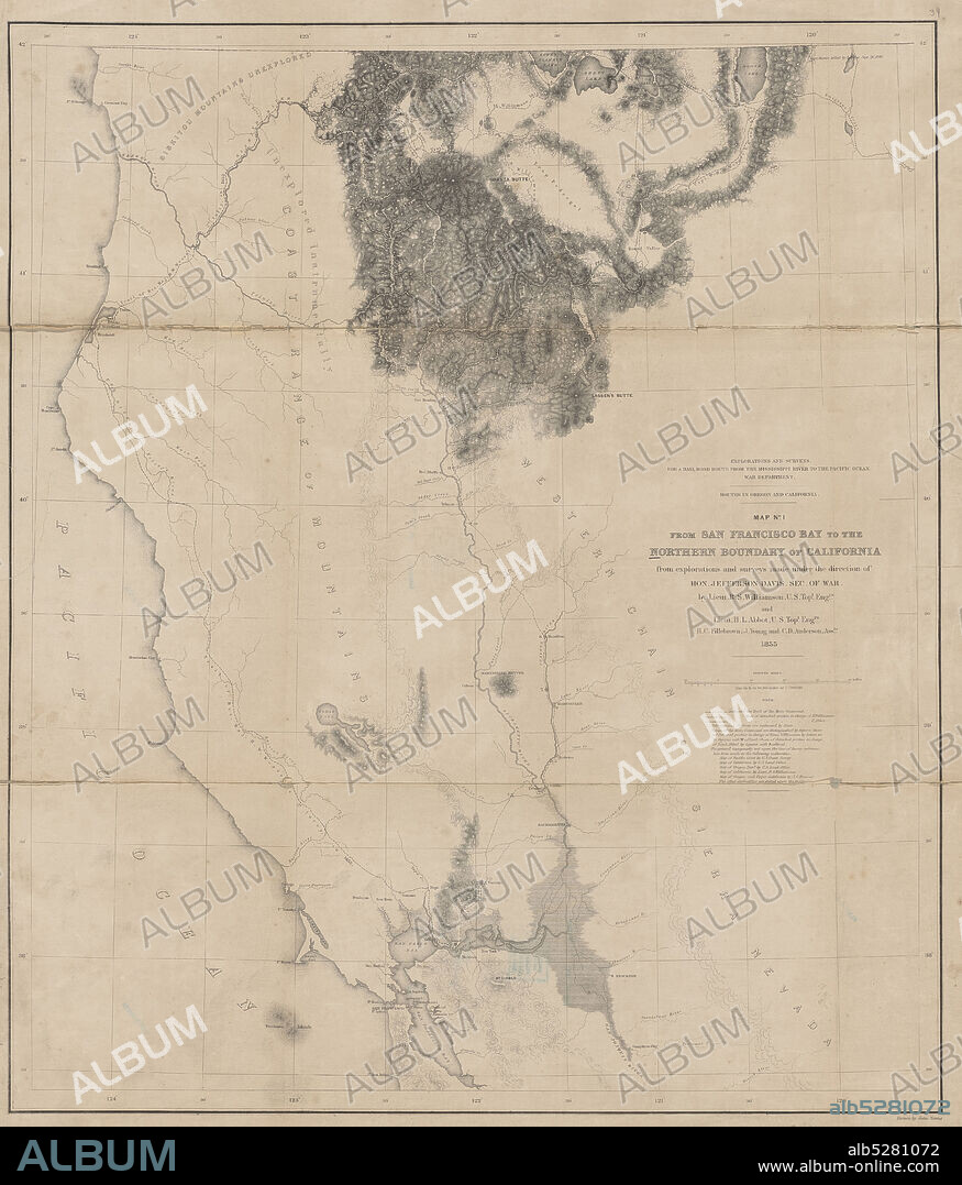 Map no. 1 from San Francisco Bay to the northern boundary of California , cartographic, Maps, 1855, Davis, Jefferson, 1808-1889, Williamson, R. S. (Robert Stockton), 1824-1882, Abbot, Henry L., Fillebrown, H. C., Anderson, C. D., Gibbs, George, 1815-1873.